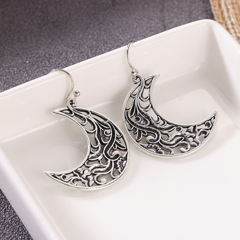 Bohemian Engraved Crescent-Shaped Hollow Drop Earrings, Gift Idea